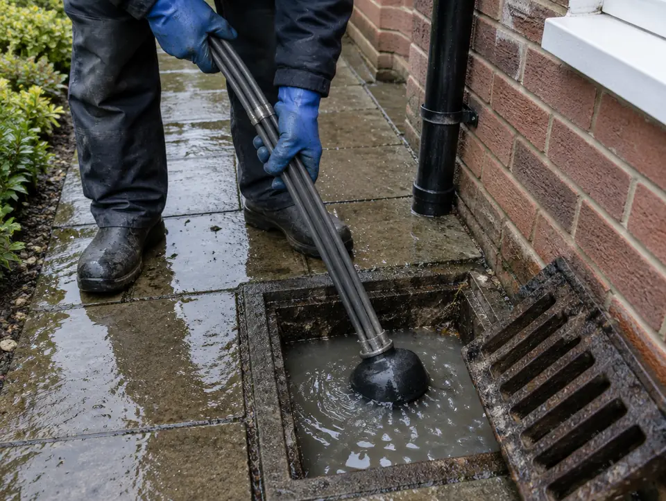 Drain rods being worked into a blocked outside gully beside a brick wall