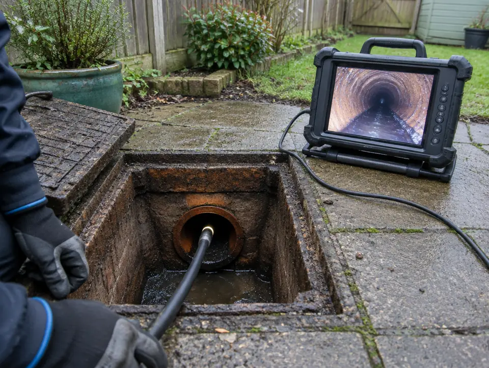 A drain camera cable feeding into an open inspection chamber, with the pipe shown on a monitor