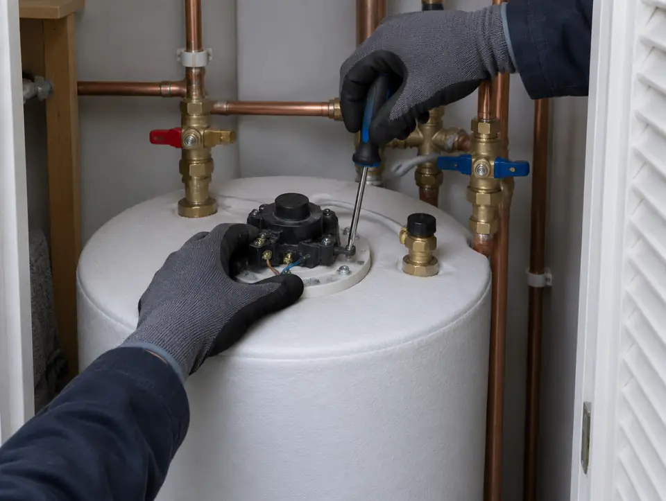 Gloved hands working on the immersion heater at the top of a hot water cylinder