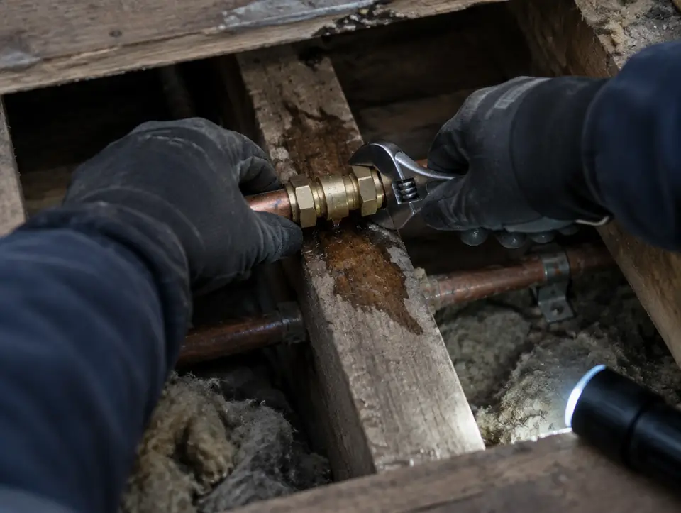 Gloved hands tightening a new fitting on a copper pipe under lifted floorboards