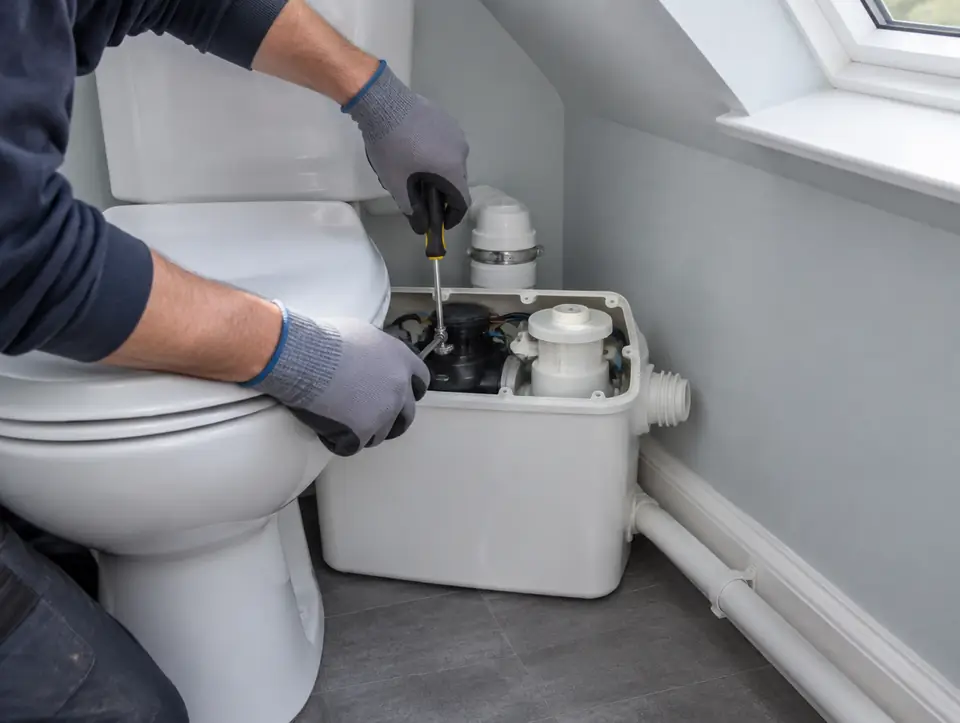 Gloved hands working on an open macerator unit behind a toilet