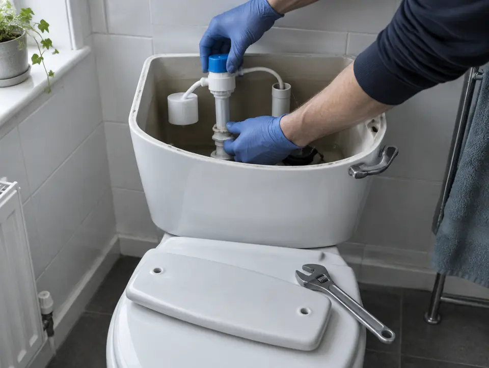 Gloved hands fitting a fill valve inside an open toilet cistern