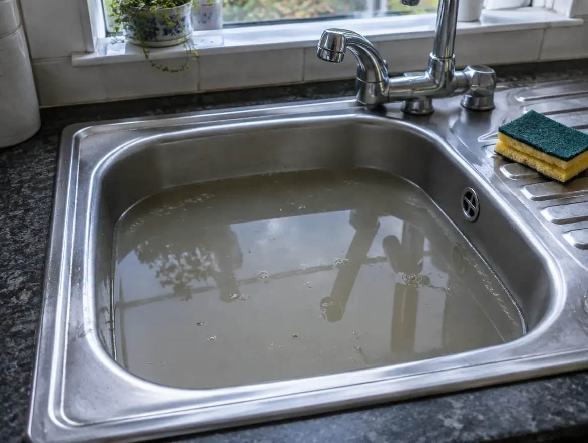 A kitchen sink full of murky standing water with a plunger on the worktop