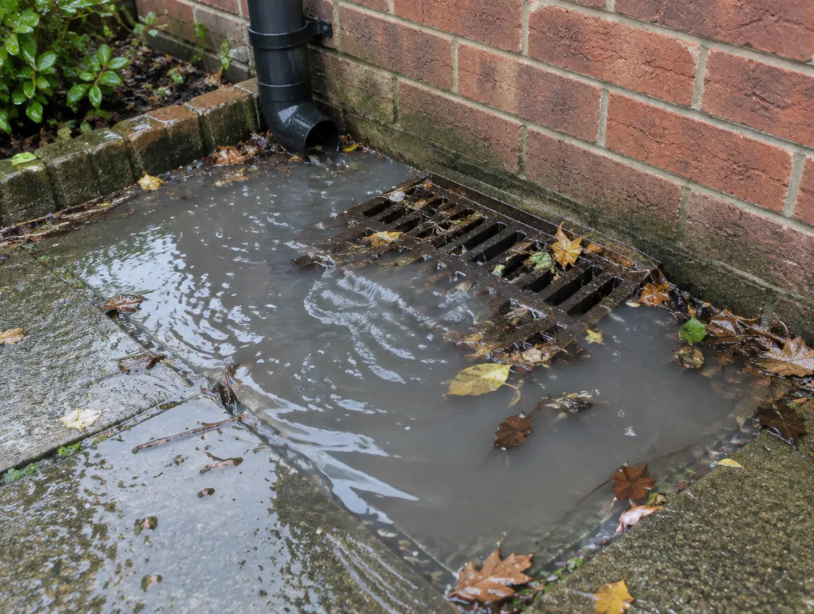 A blocked gully at the foot of a brick wall overflowing across paving slabs