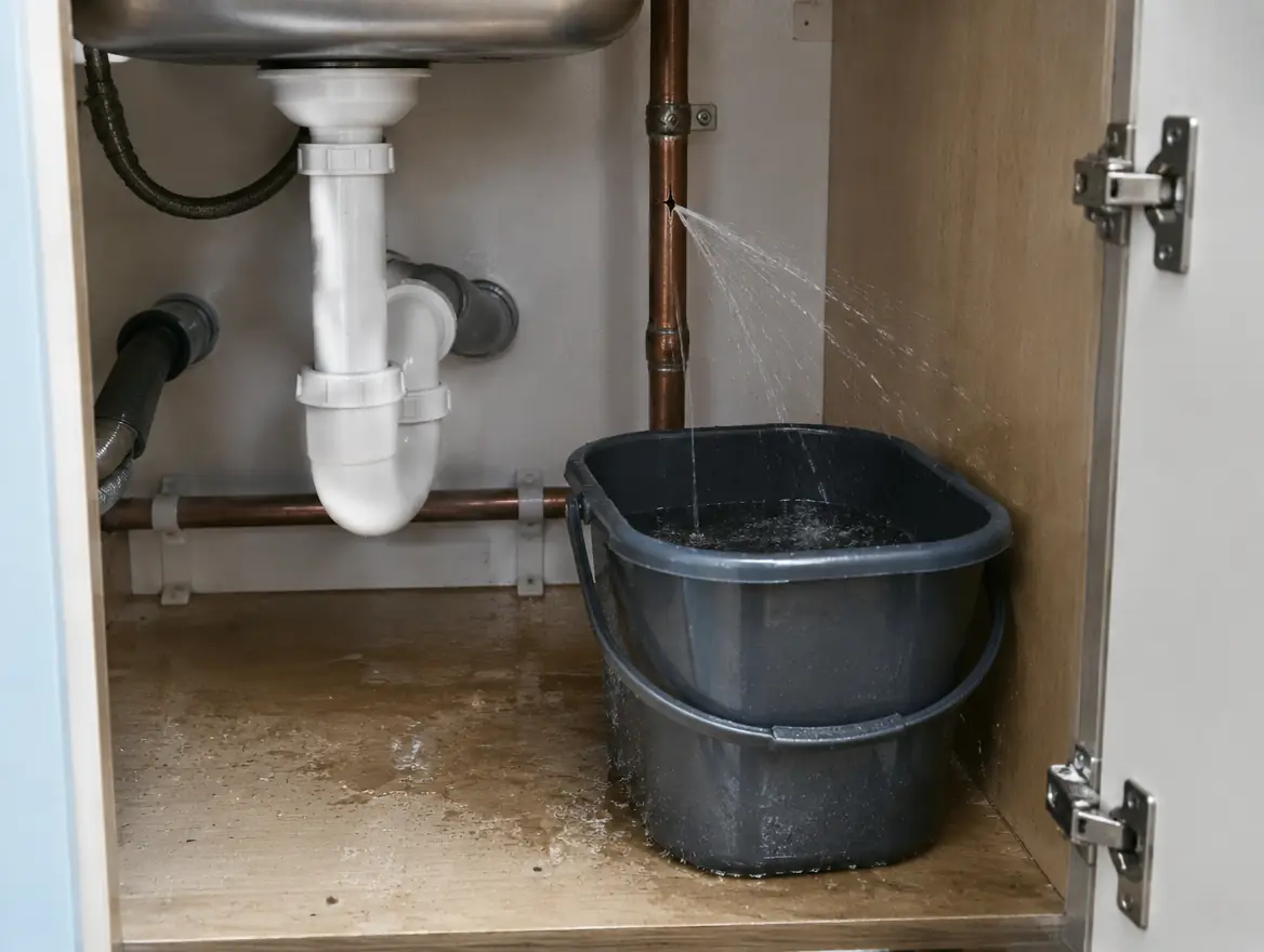 A split copper pipe spraying water under a kitchen sink, with a bucket and towels catching it