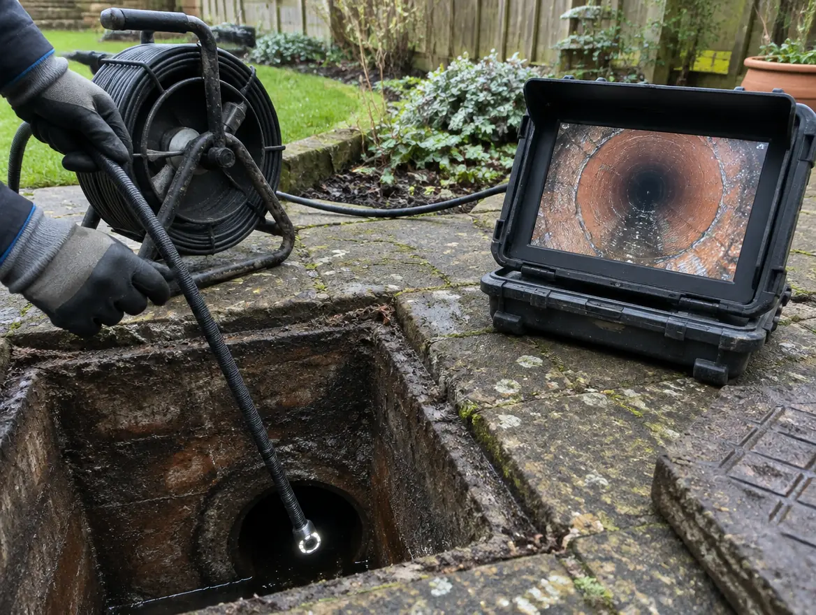 A drain camera reel feeding a cable into an open manhole, with a screen showing the inside of the pipe