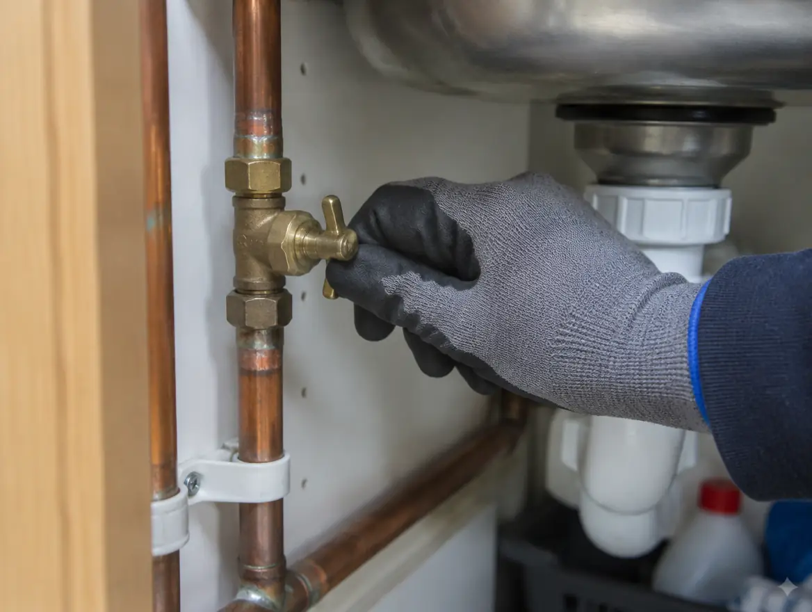 A gloved hand turning a brass stopcock on a copper pipe to shut the water off
