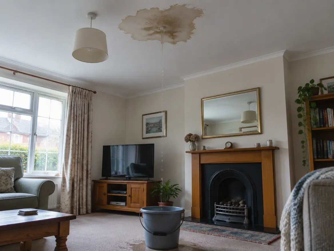 A water stain on a living room ceiling dripping into a bucket on the floor