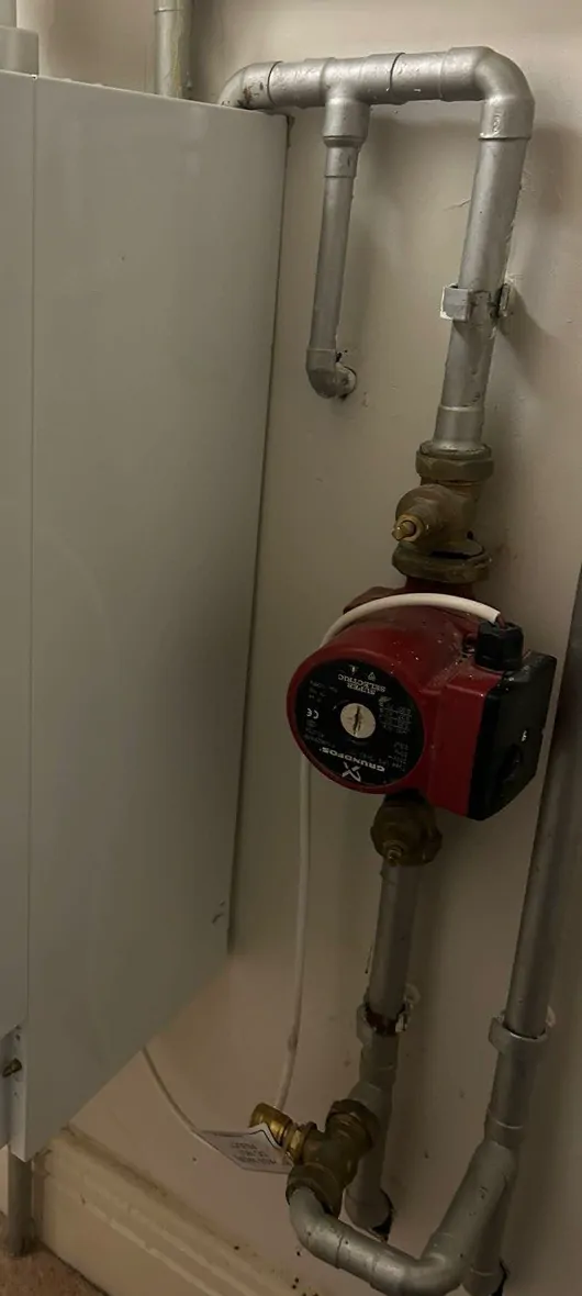 A red pump with brass isolation valves on painted steel pipework