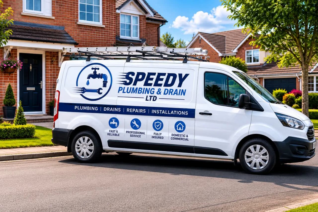 An illustration of a white Speedy Plumbing & Drain van parked on a residential street